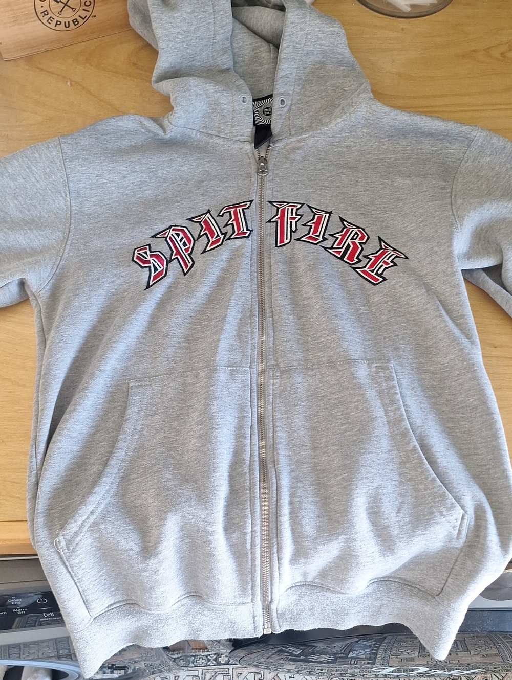 Spitfire Grey Zip Hoodie with Red & Black Logo - Kids